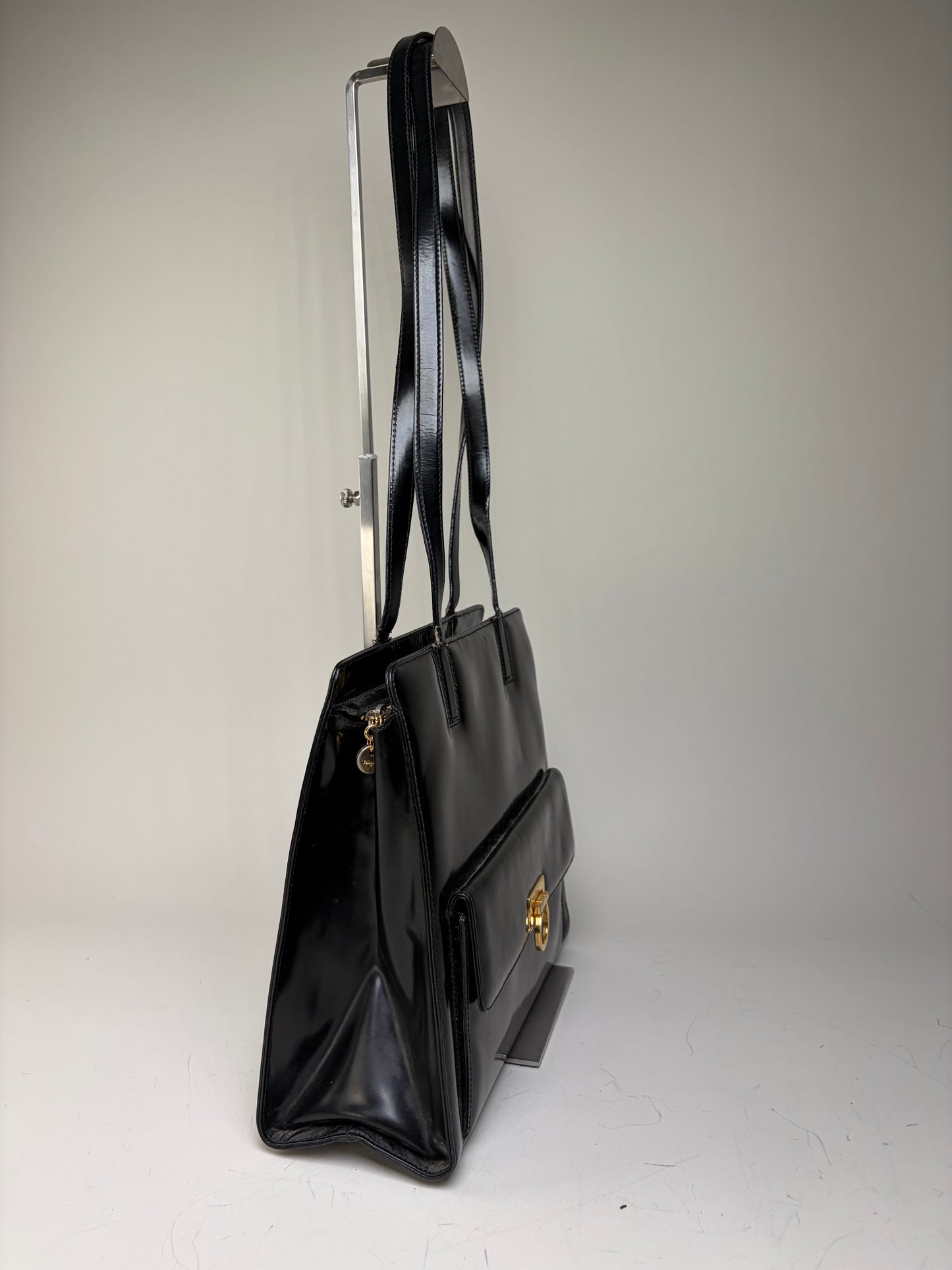 Vintage Ferragamo Patent Leather Tote Bag Black Gold