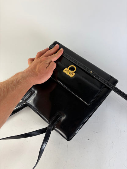 Vintage Ferragamo Patent Leather Tote Bag Black Gold