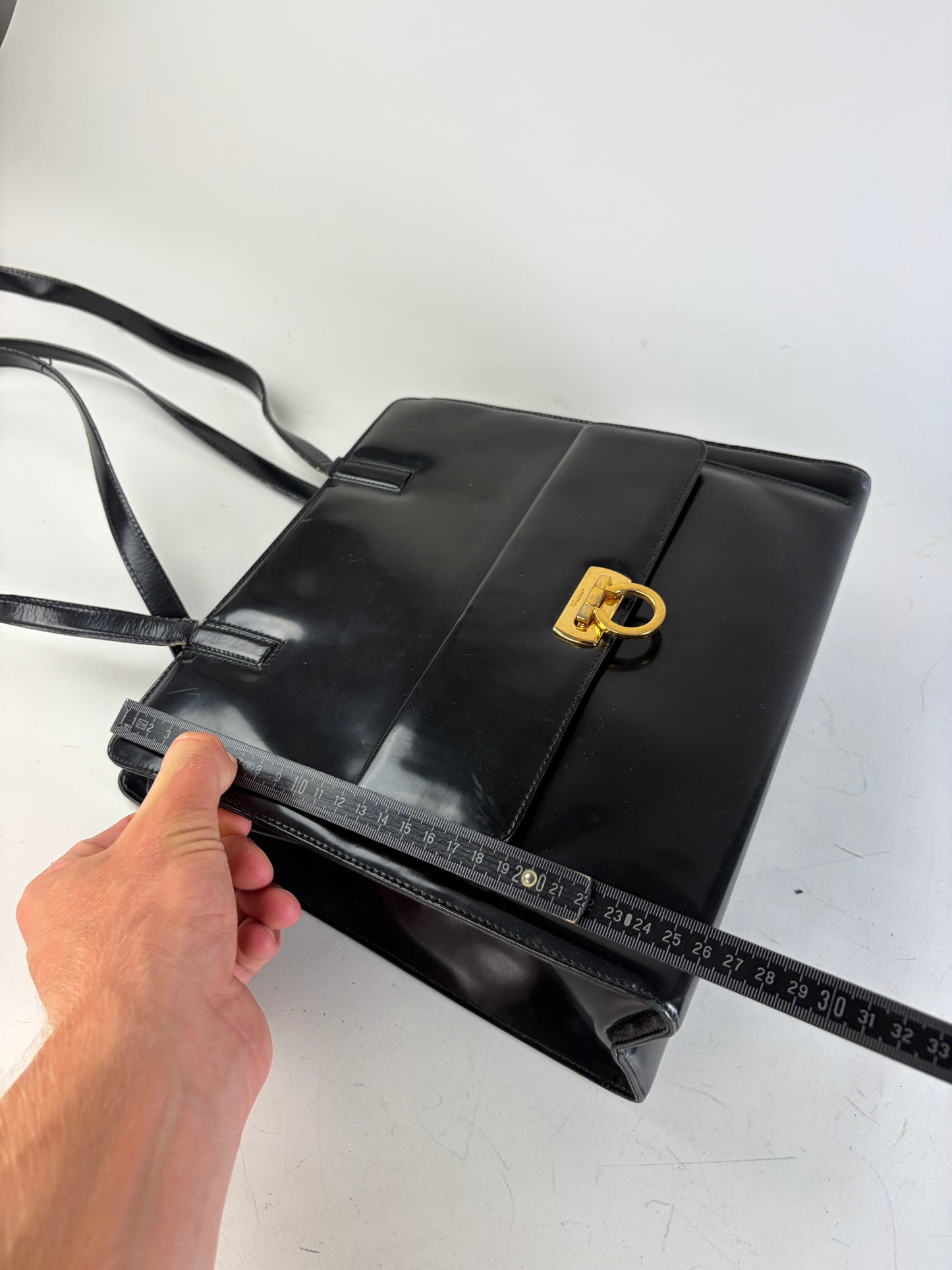 Vintage Ferragamo Patent Leather Tote Bag Black Gold
