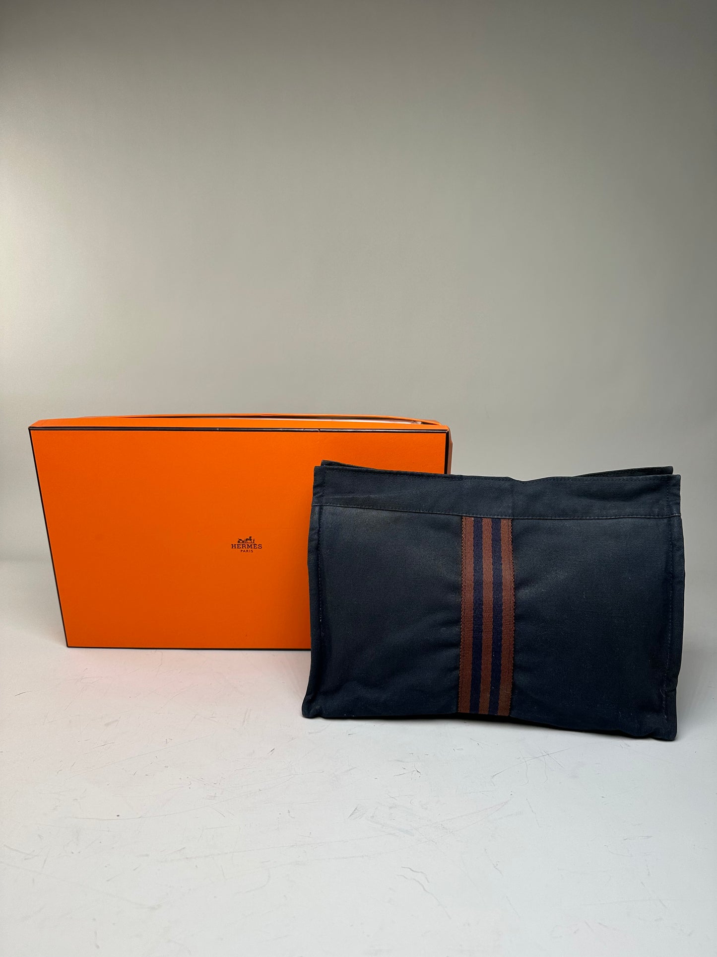 Vintage Hermes Cotton Travel Pouch Navy Brown Stripe Silver