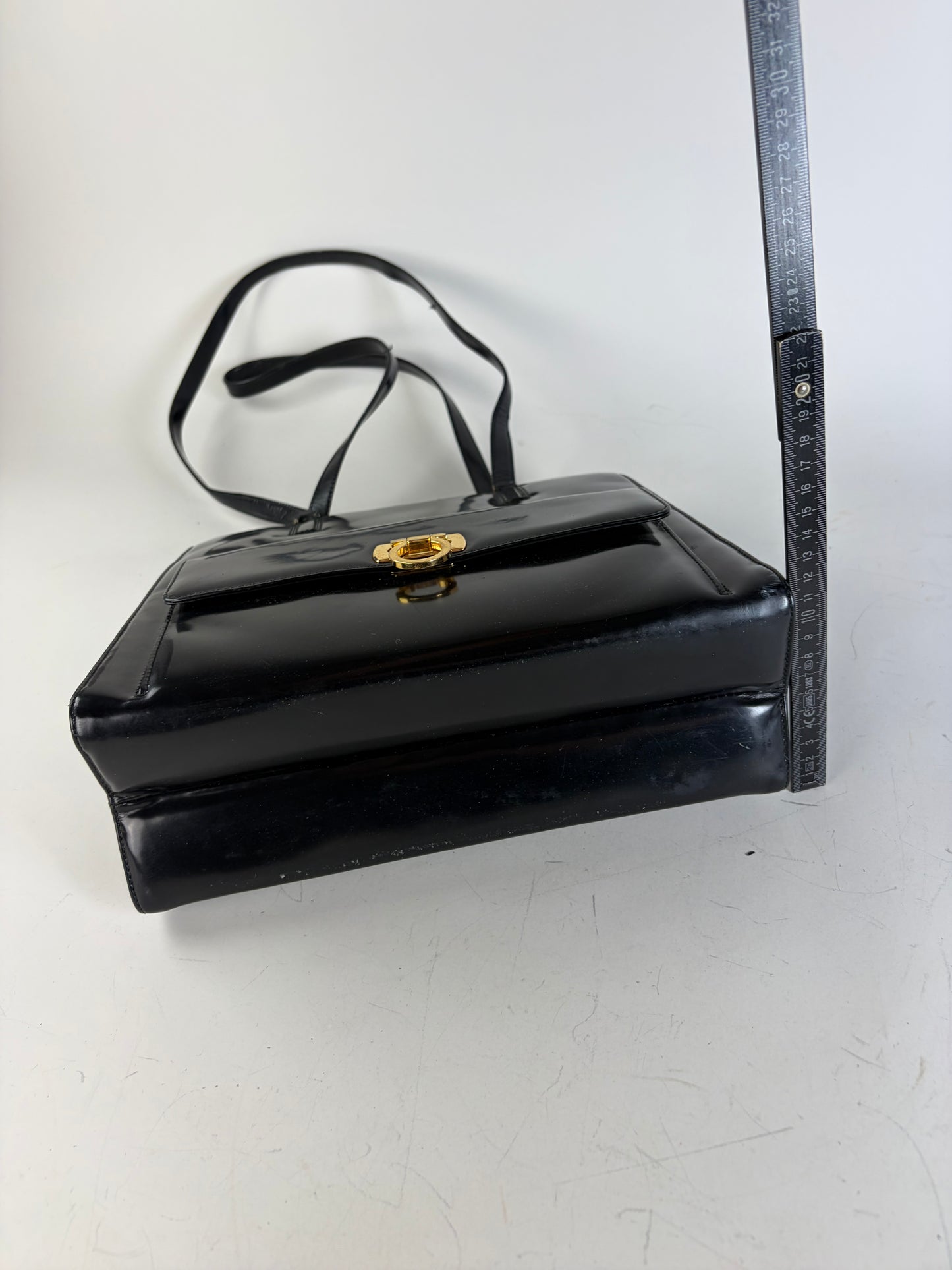 Vintage Ferragamo Patent Leather Tote Bag Black Gold