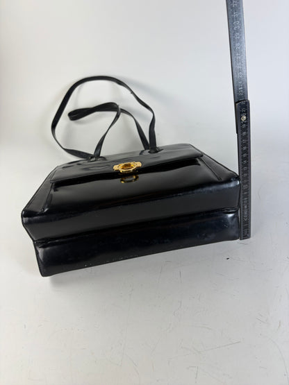 Vintage Ferragamo Patent Leather Tote Bag Black Gold