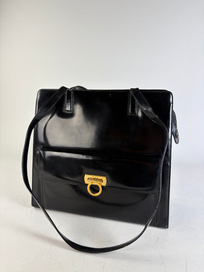 Vintage Ferragamo Patent Leather Tote Bag Black Gold