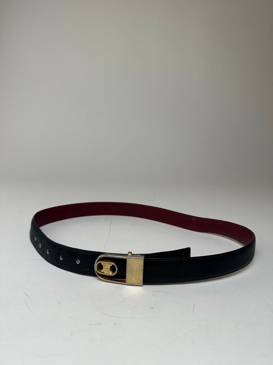 Vintage Celine Triomphe Reversible Leather Belt Black Burgundy 85