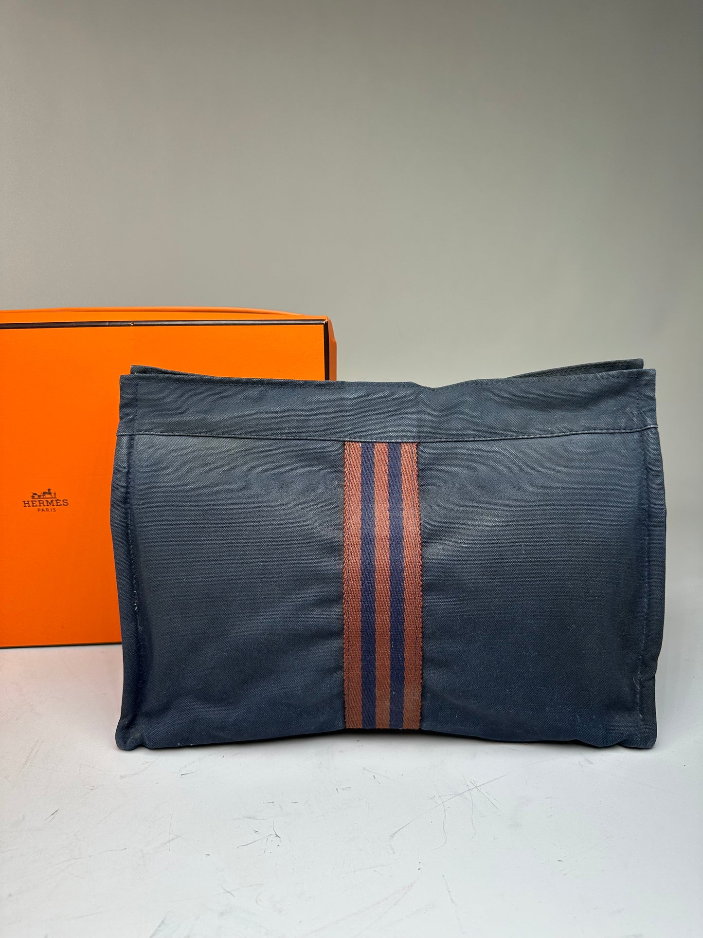 Vintage Hermes Cotton Travel Pouch Navy Brown Stripe Silver