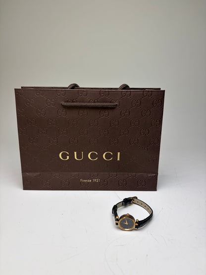 Vintage Gucci Leather Bracelet Watch Black Gold