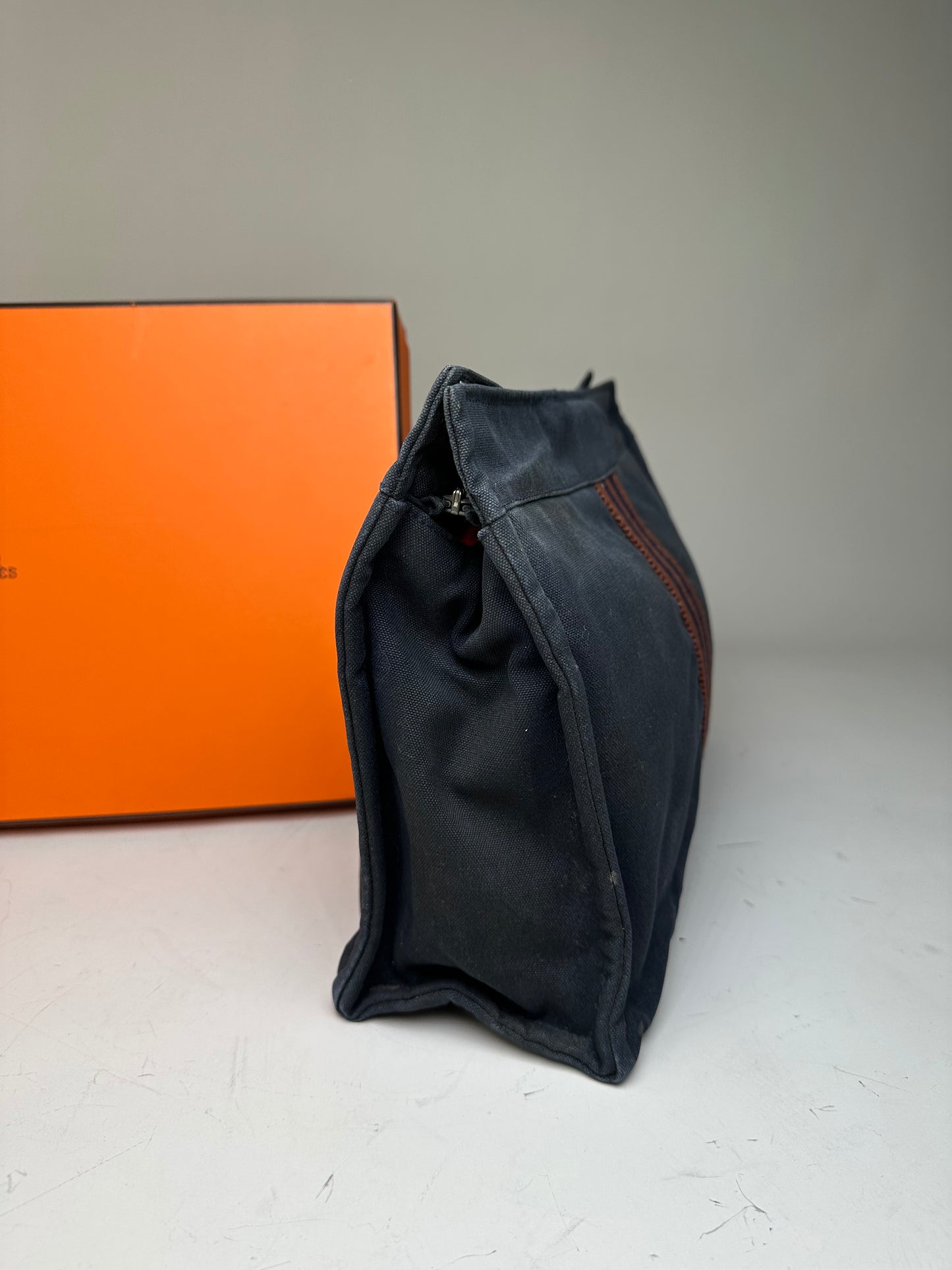Vintage Hermes Cotton Travel Pouch Navy Brown Stripe Silver