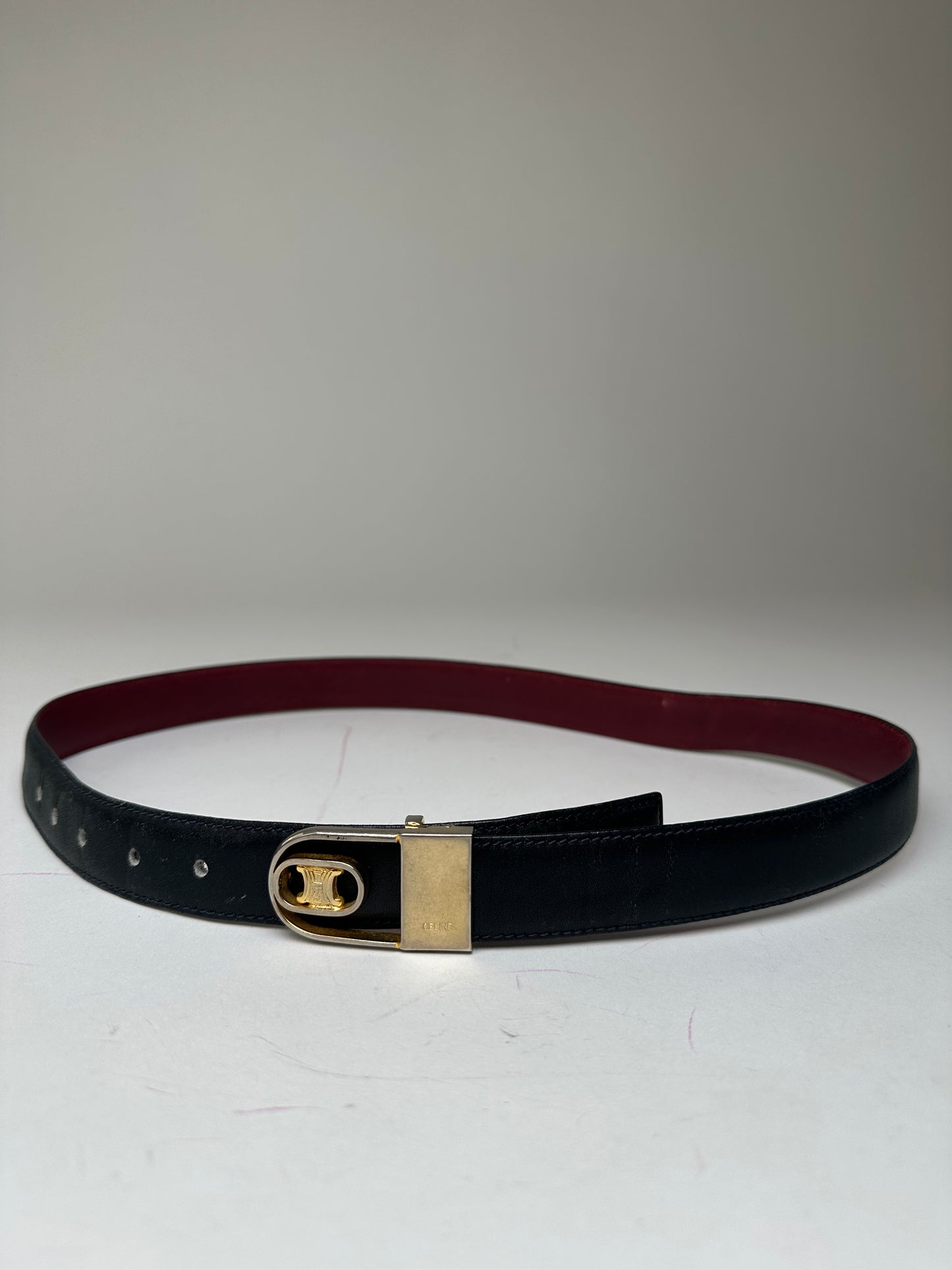 Vintage Celine Triomphe Reversible Leather Belt Black Burgundy 85
