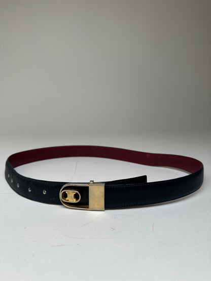 Vintage Celine Triomphe Reversible Leather Belt Black Burgundy 85
