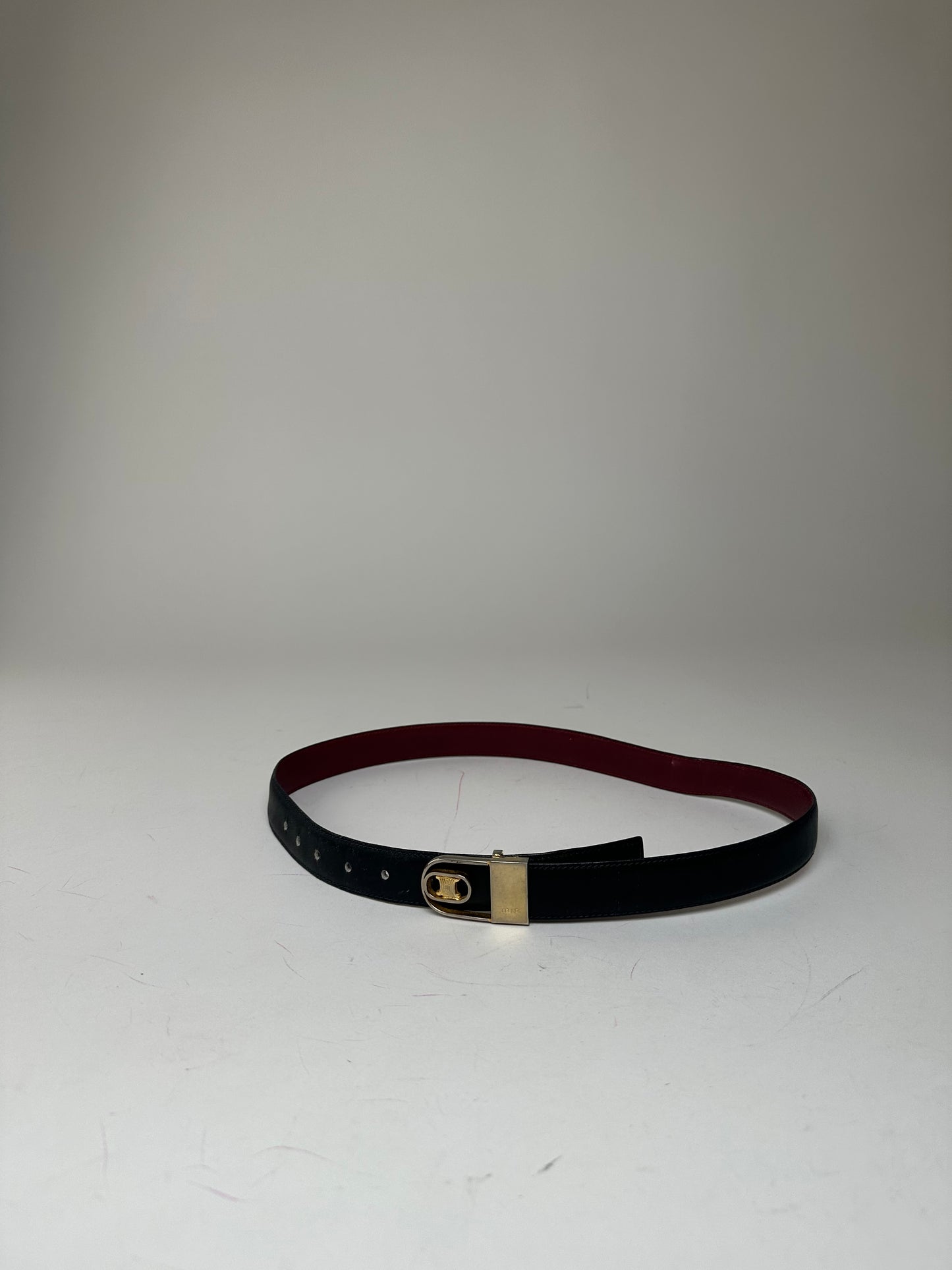 Vintage Celine Triomphe Reversible Leather Belt Black Burgundy 85