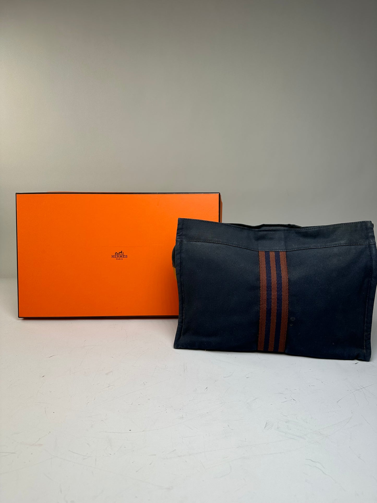 Vintage Hermes Cotton Travel Pouch Navy Brown Stripe Silver