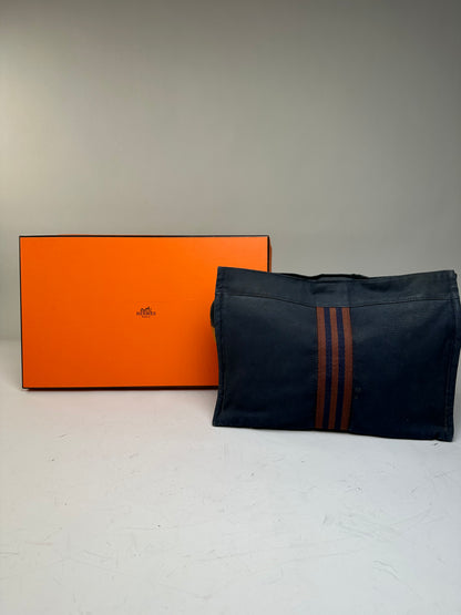 Vintage Hermes Cotton Travel Pouch Navy Brown Stripe Silver