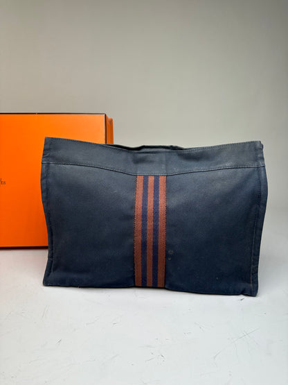 Vintage Hermes Cotton Travel Pouch Navy Brown Stripe Silver