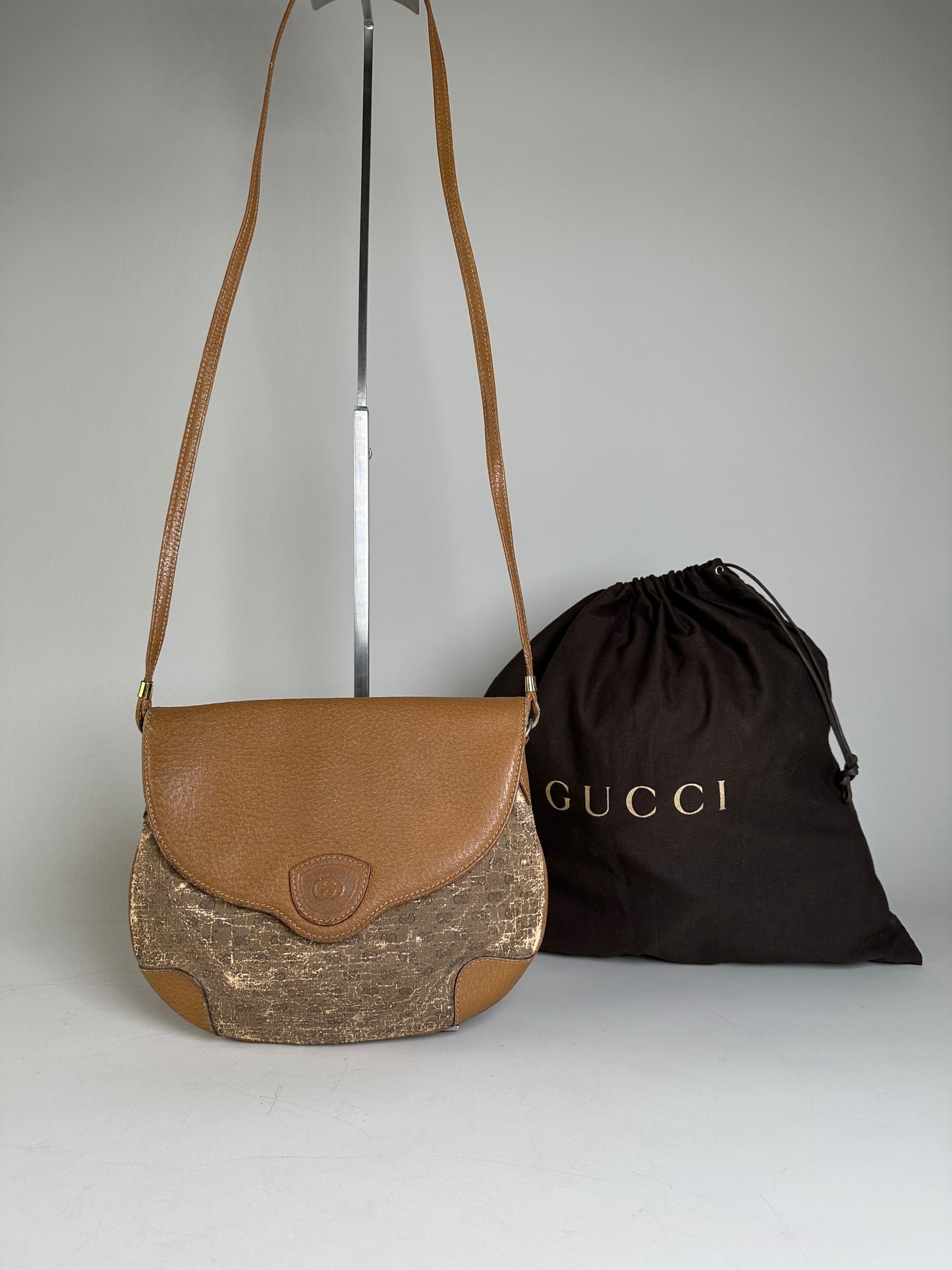 Vintage Gucci GG Monogram Shoulder Bag Brown Gold