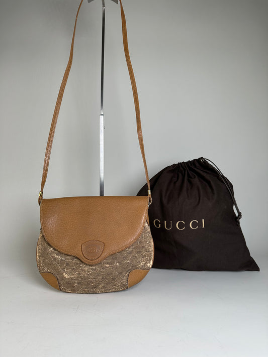 Vintage Gucci GG Monogram Shoulder Bag Brown Gold