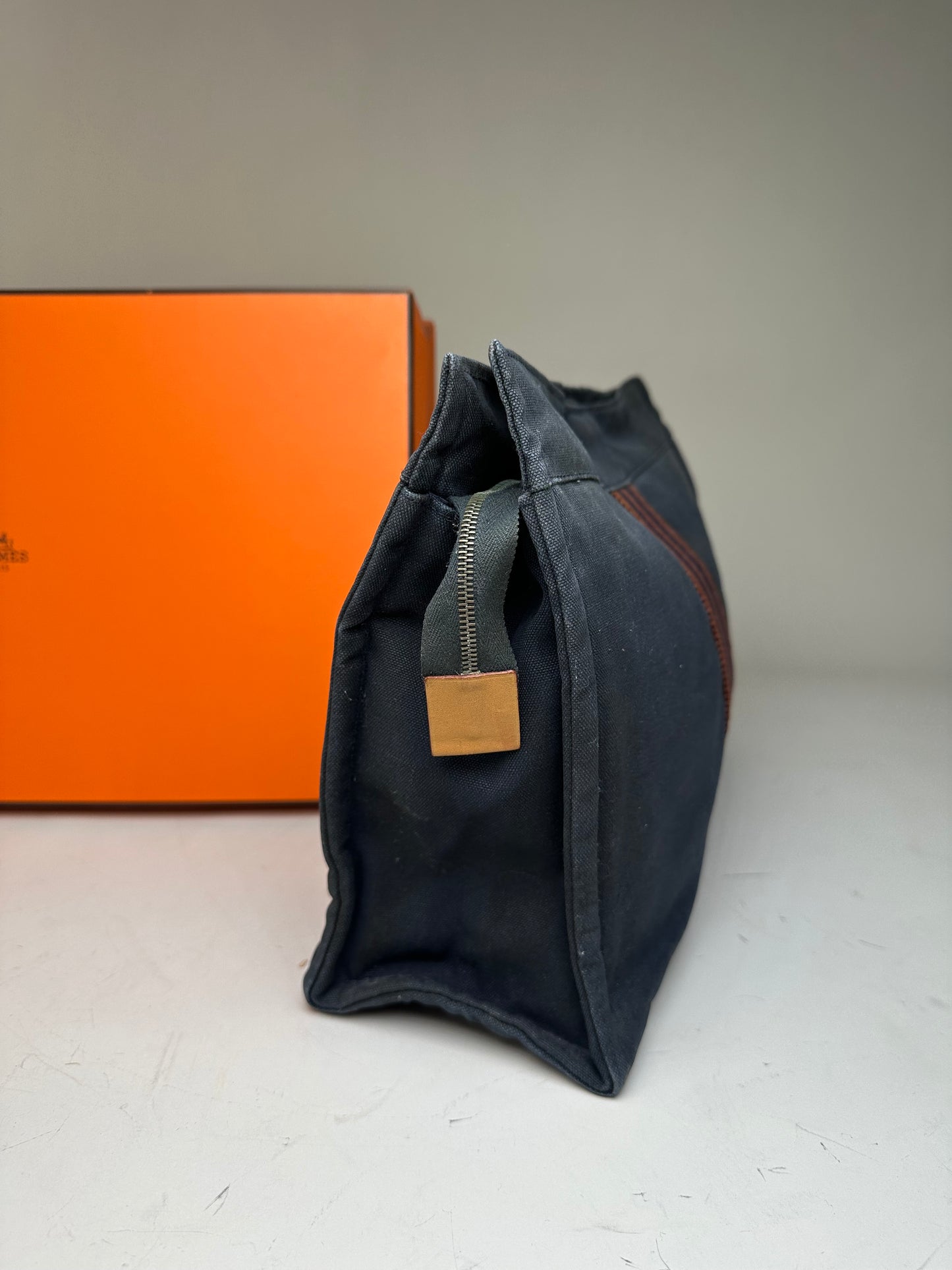 Vintage Hermes Cotton Travel Pouch Navy Brown Stripe Silver