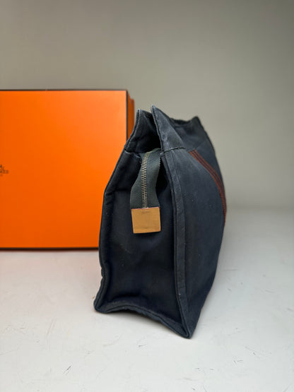 Vintage Hermes Cotton Travel Pouch Navy Brown Stripe Silver