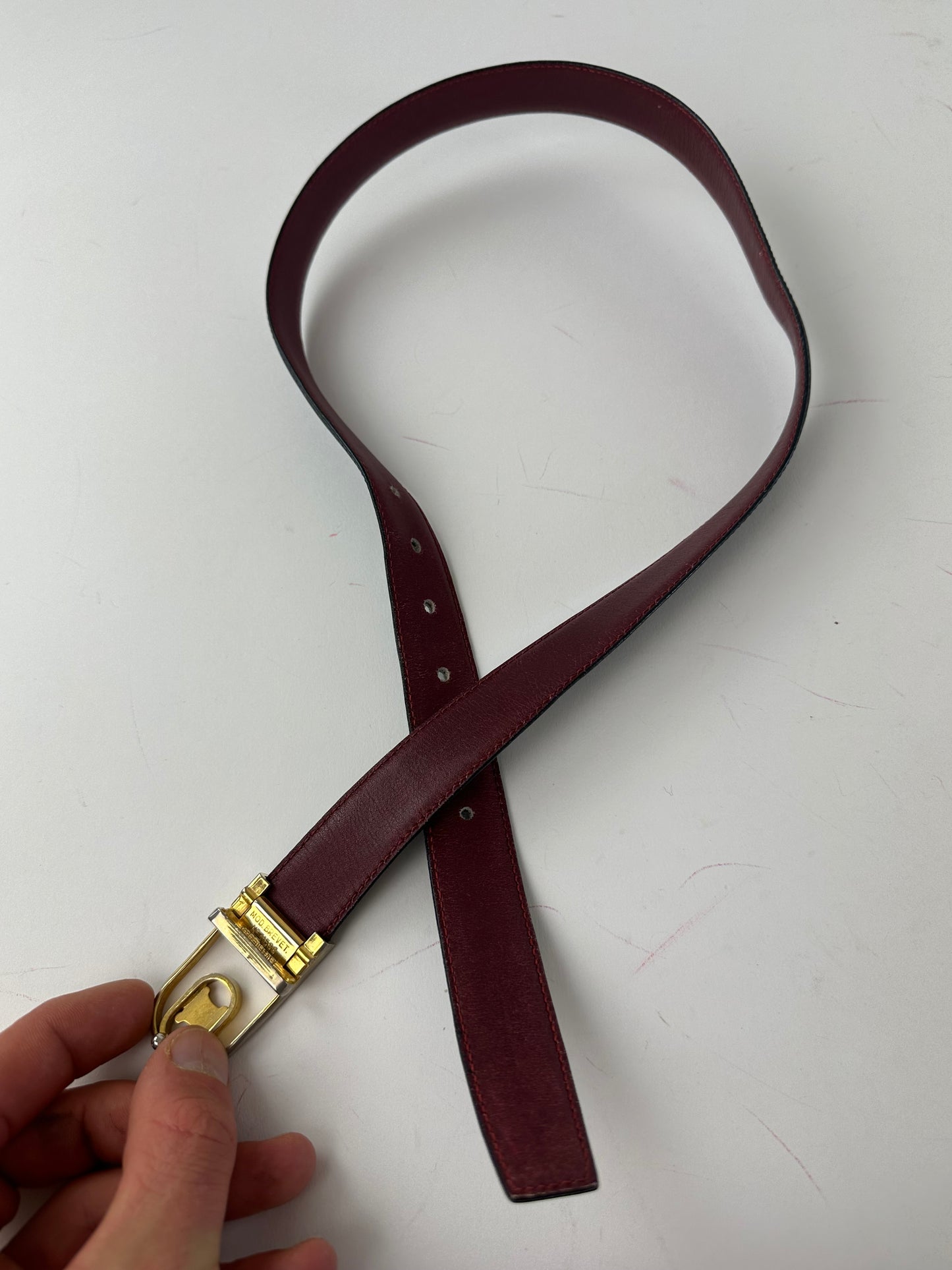 Vintage Celine Triomphe Reversible Leather Belt Black Burgundy 85