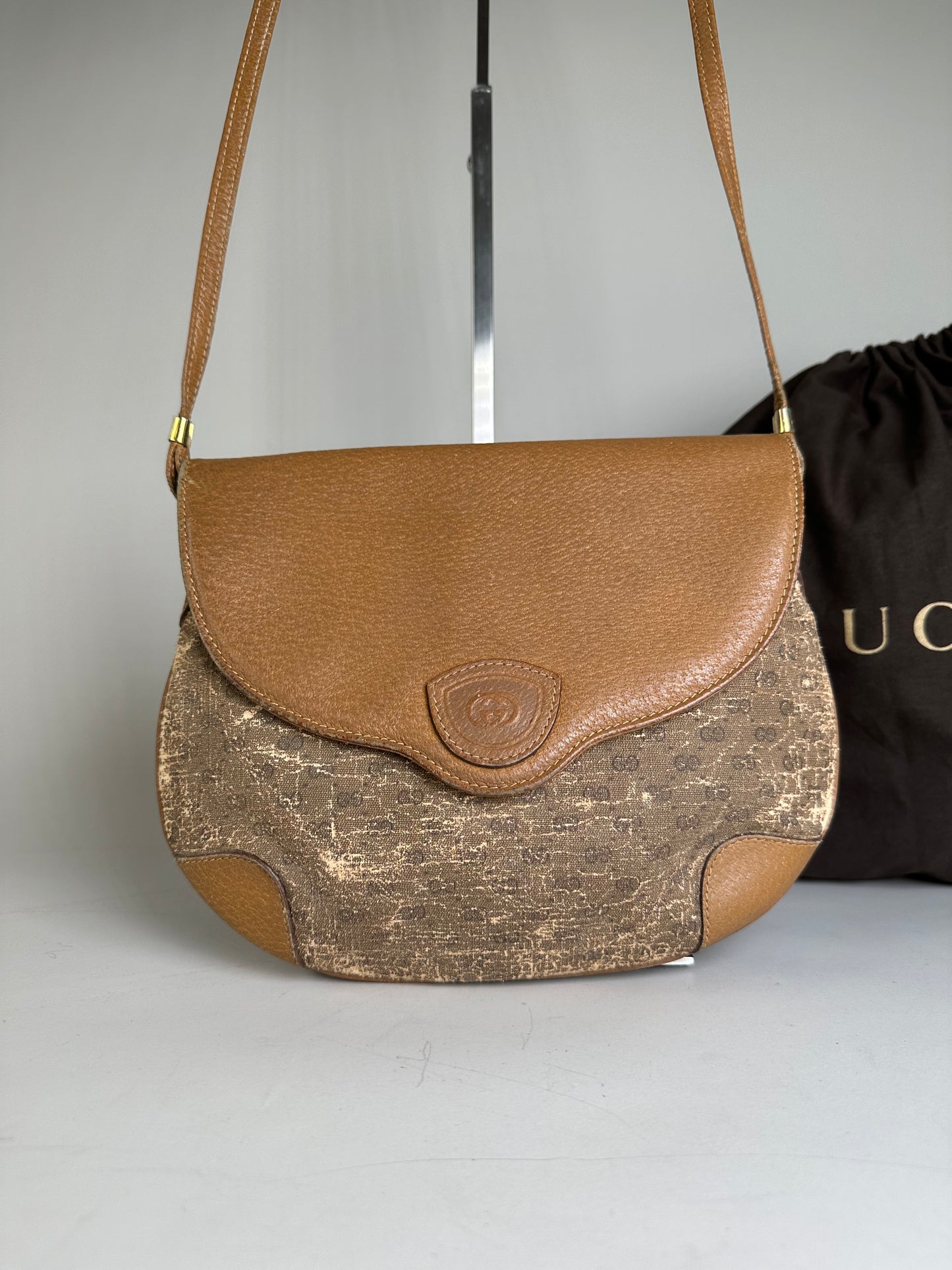 Vintage Gucci GG Monogram Shoulder Bag Brown Gold