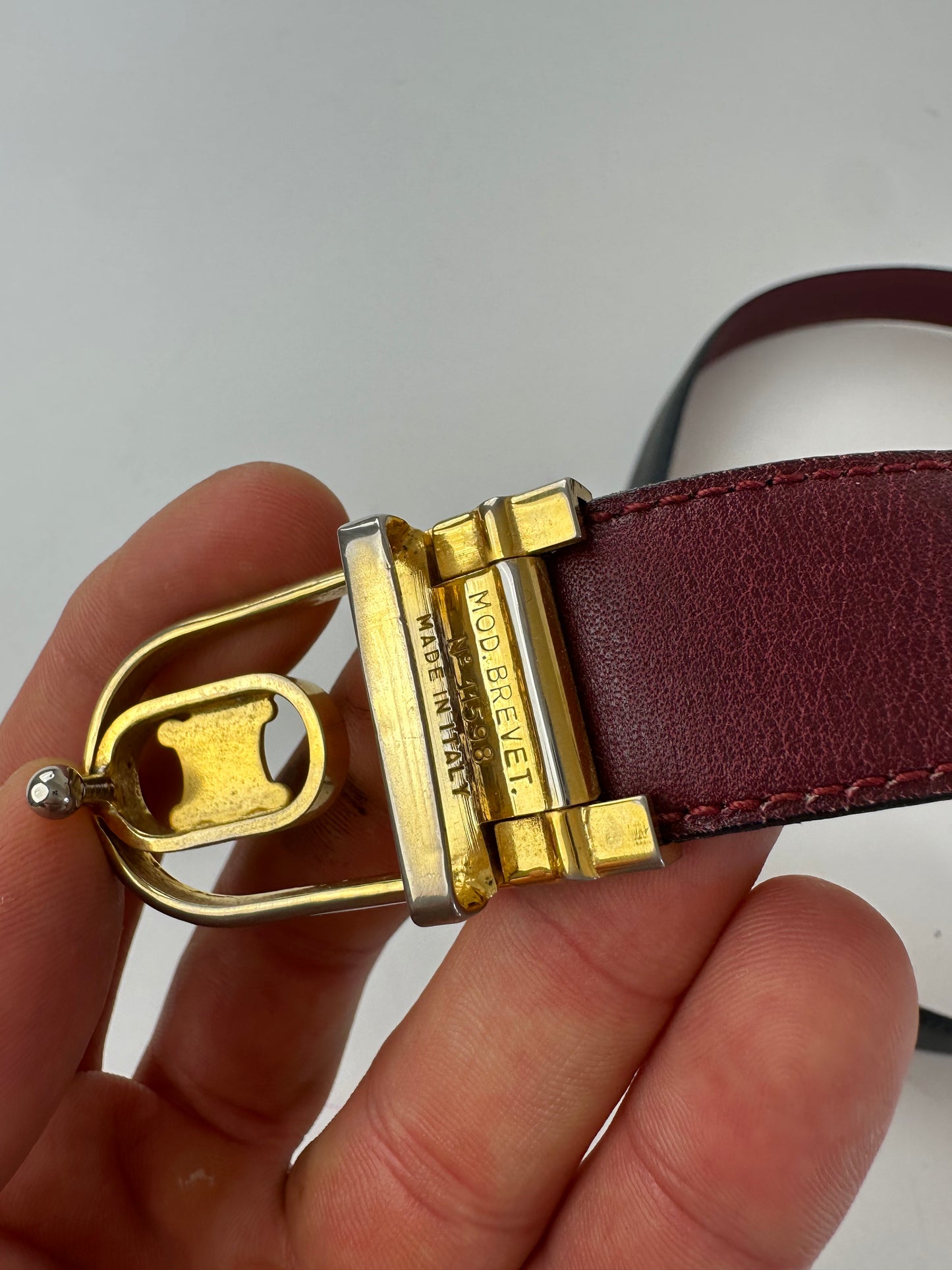 Vintage Celine Triomphe Reversible Leather Belt Black Burgundy 85