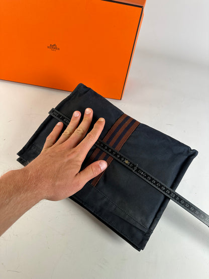 Vintage Hermes Cotton Travel Pouch Navy Brown Stripe Silver