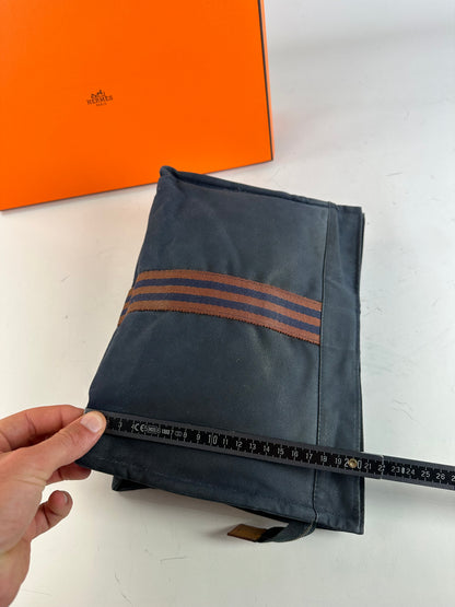Vintage Hermes Cotton Travel Pouch Navy Brown Stripe Silver