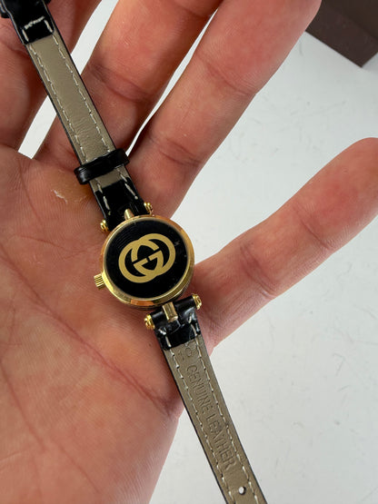 Vintage Gucci Leather Bracelet Watch Black Gold