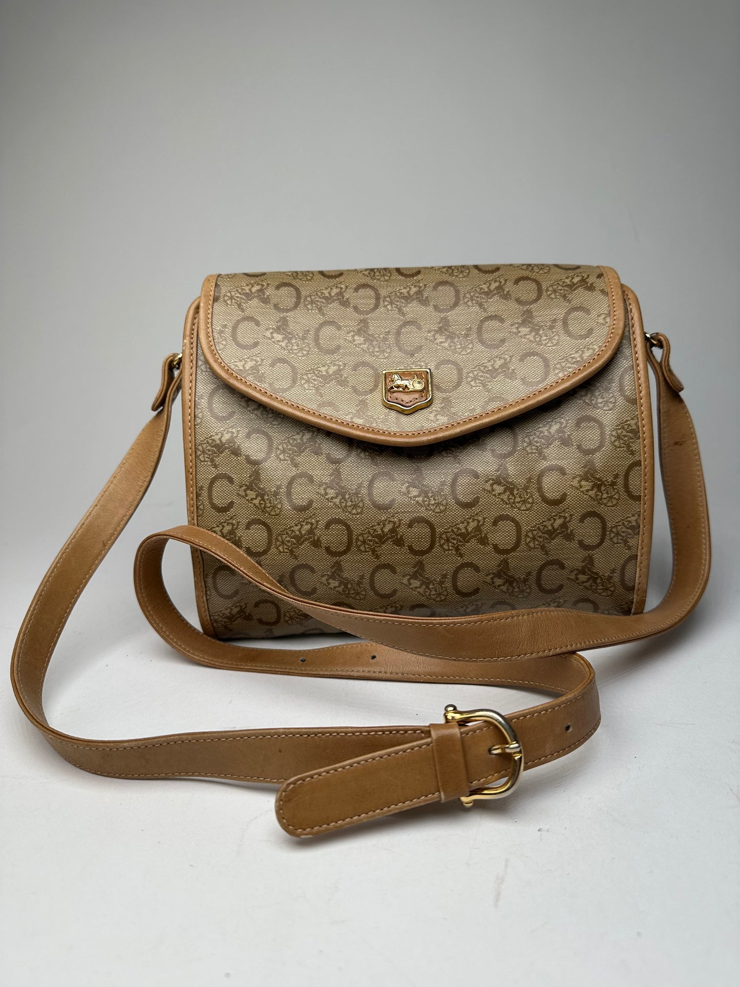 Vintage Celine Monogram Shoulder / Crossbody Bag Gold Beige