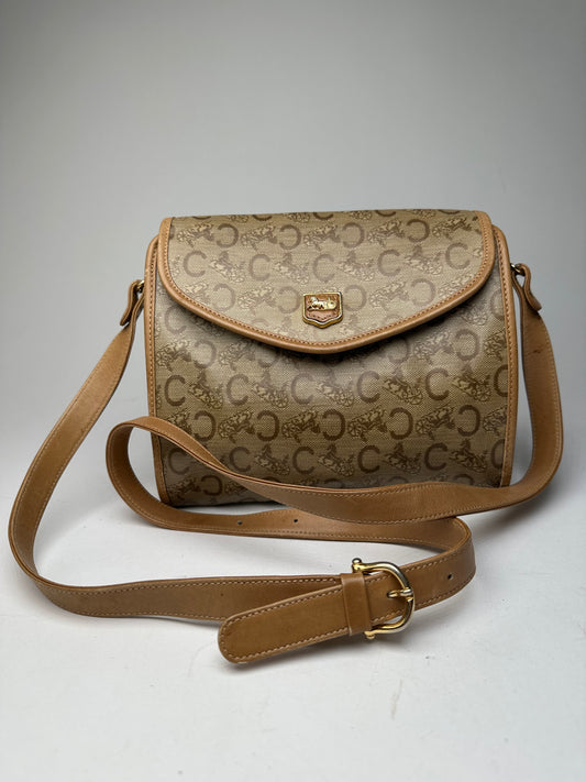Vintage Celine Monogram Shoulder / Crossbody Bag Gold Beige