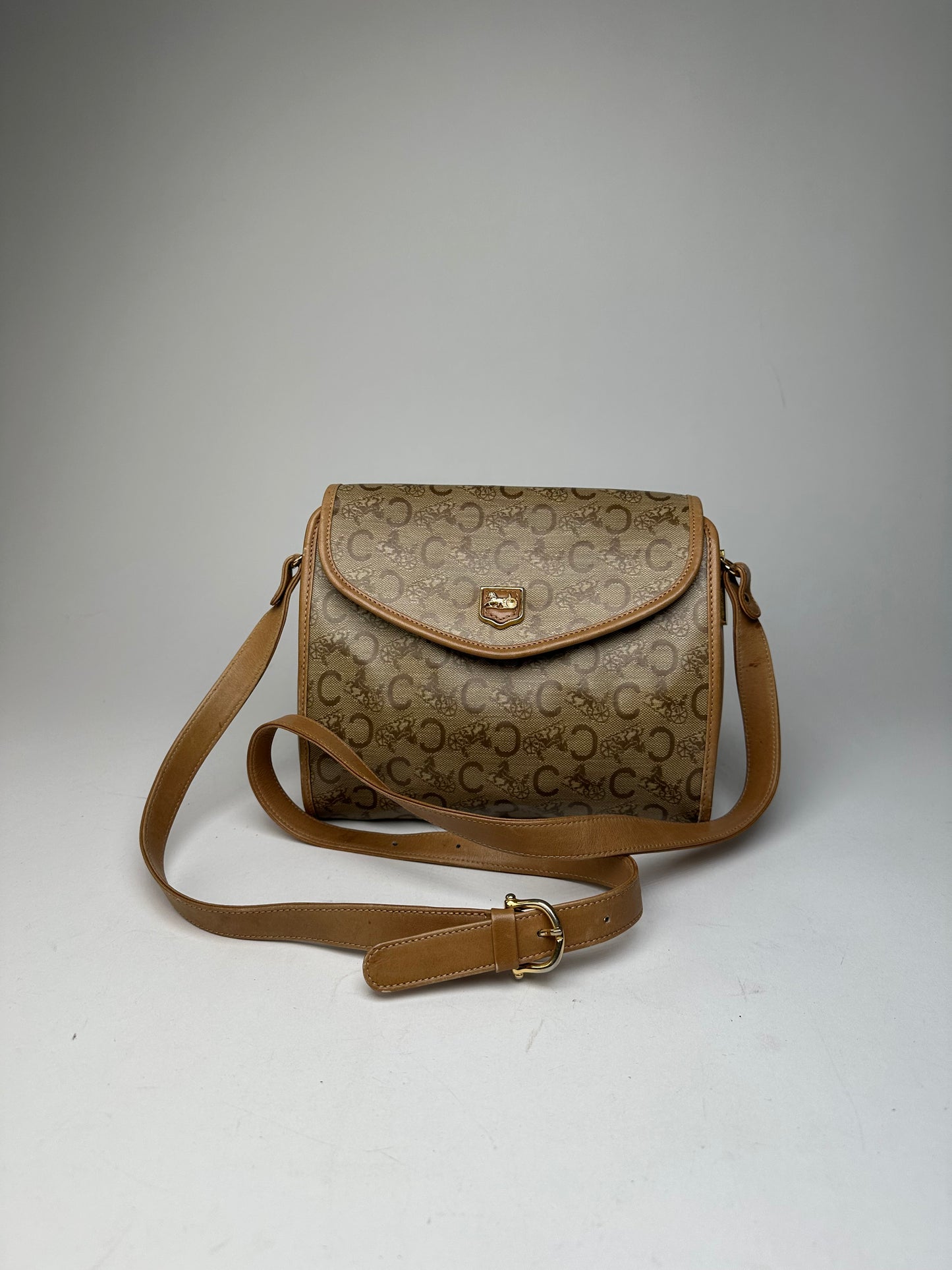 Vintage Celine Monogram Shoulder / Crossbody Bag Gold Beige