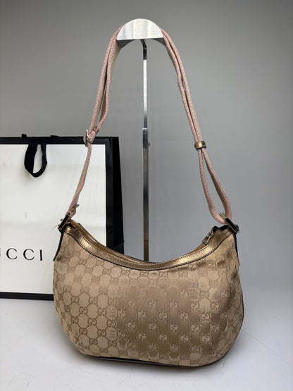 Vintage Gucci GG Supreme Hobo Bag Beige Brown Gold