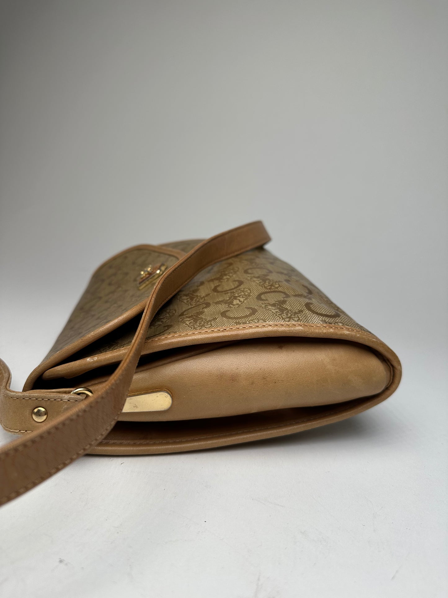 Vintage Celine Monogram Shoulder / Crossbody Bag Gold Beige