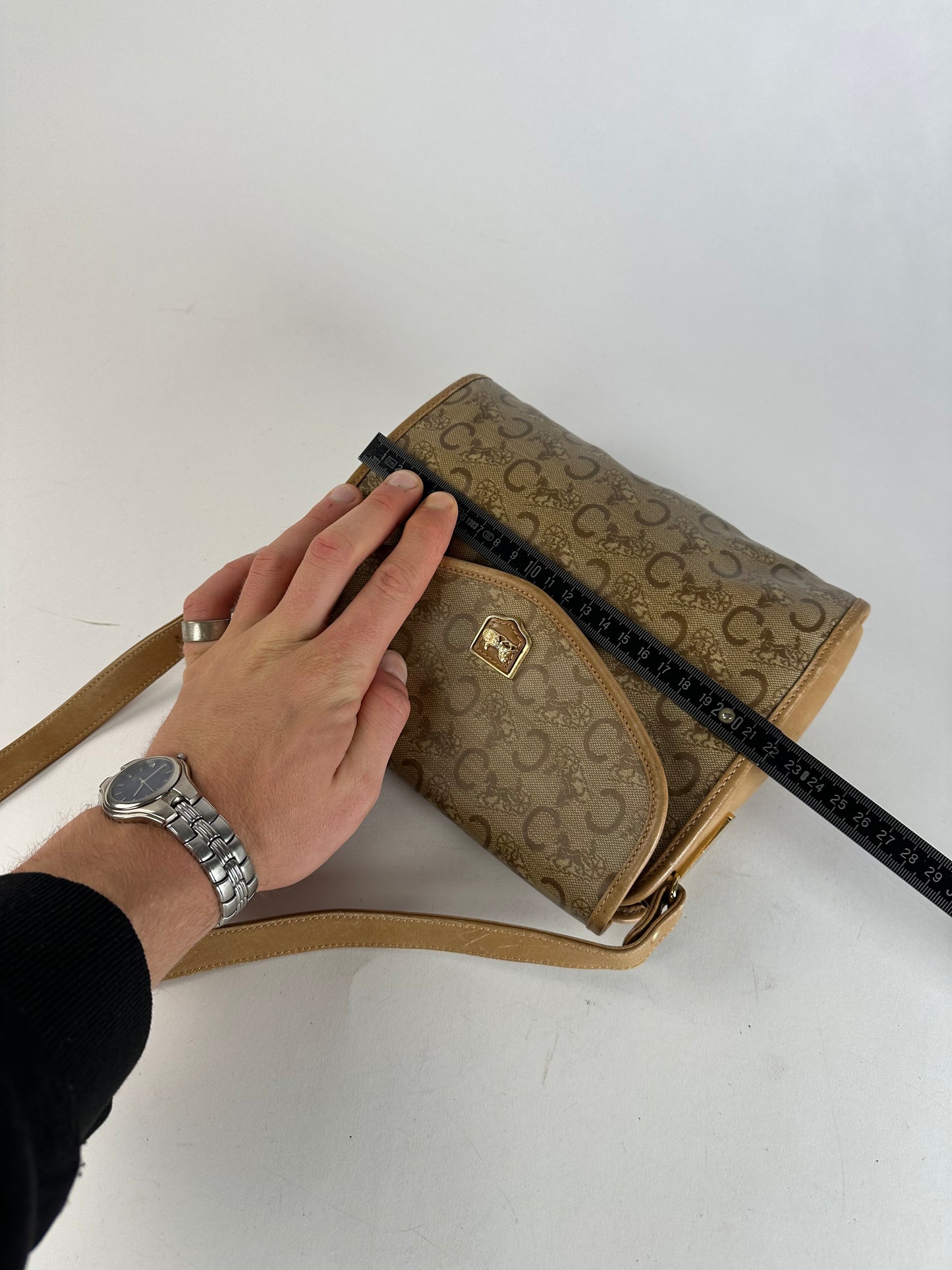 Vintage Celine Monogram Shoulder / Crossbody Bag Gold Beige