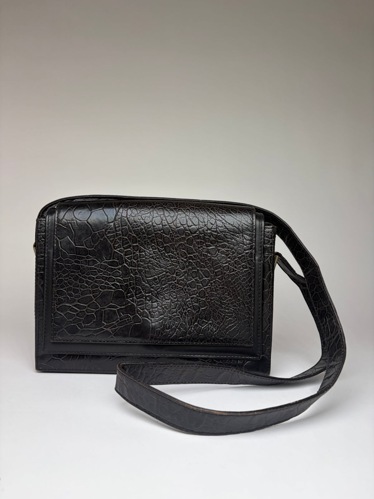 Vintage Versace Crocodile-Effect Flap Crossbody Bag Black Silver