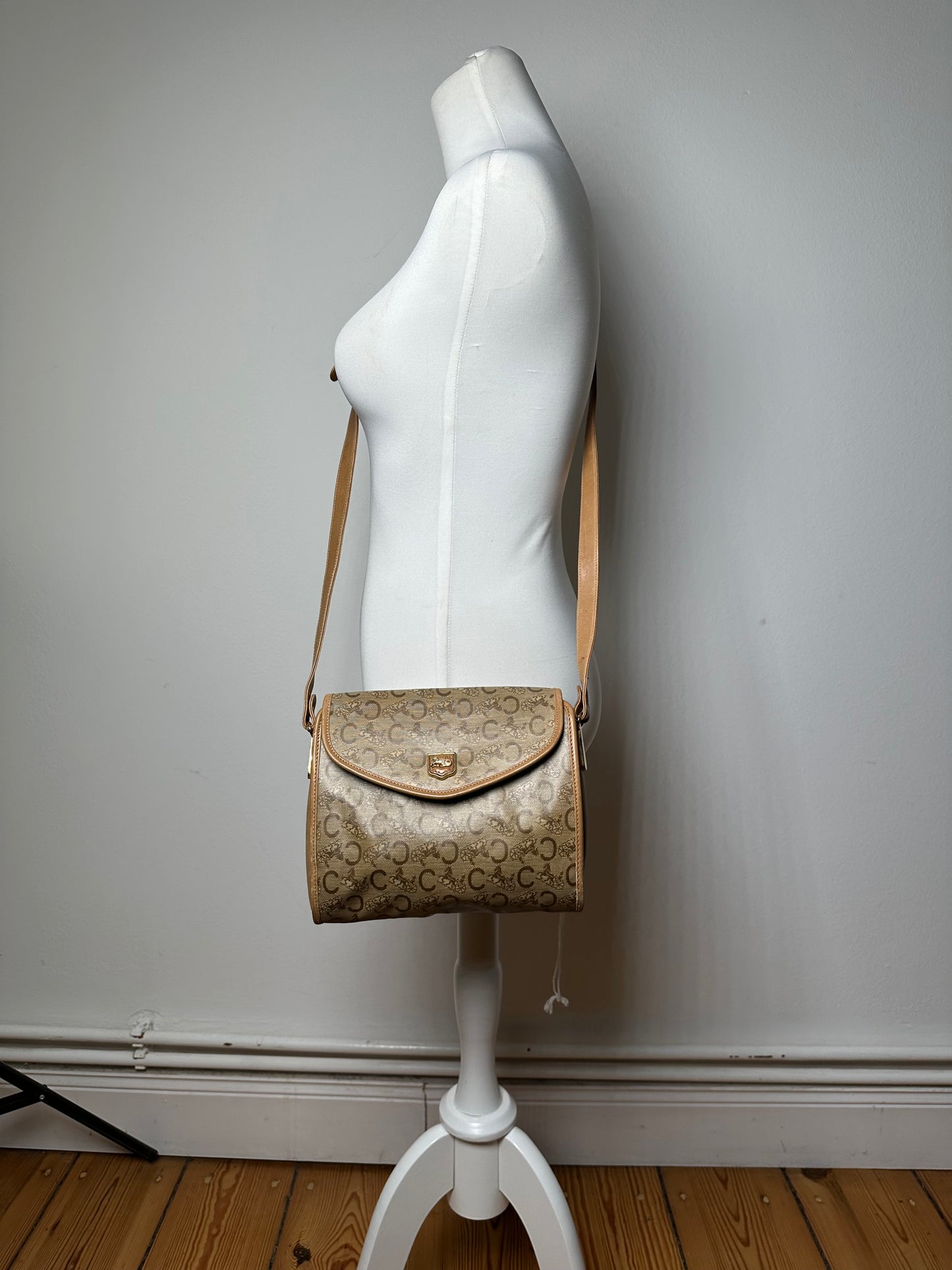 Vintage Celine Monogram Shoulder / Crossbody Bag Gold Beige