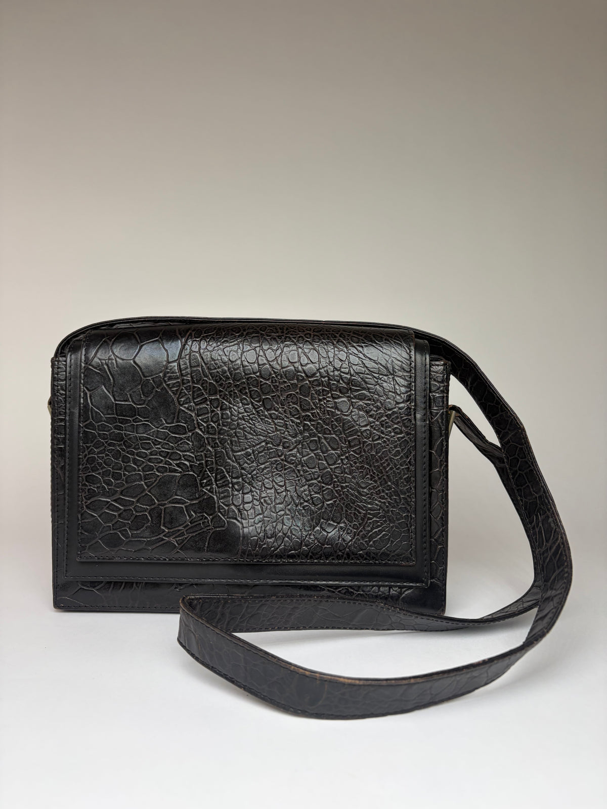 Vintage Versace Crocodile-Effect Flap Crossbody Bag Black Silver