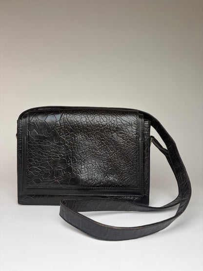 Vintage Versace Crocodile-Effect Flap Crossbody Bag Black Silver