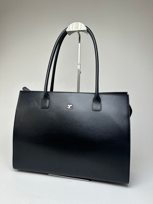 Vintage Courrèges Structured Leather Shoulder Tote Black