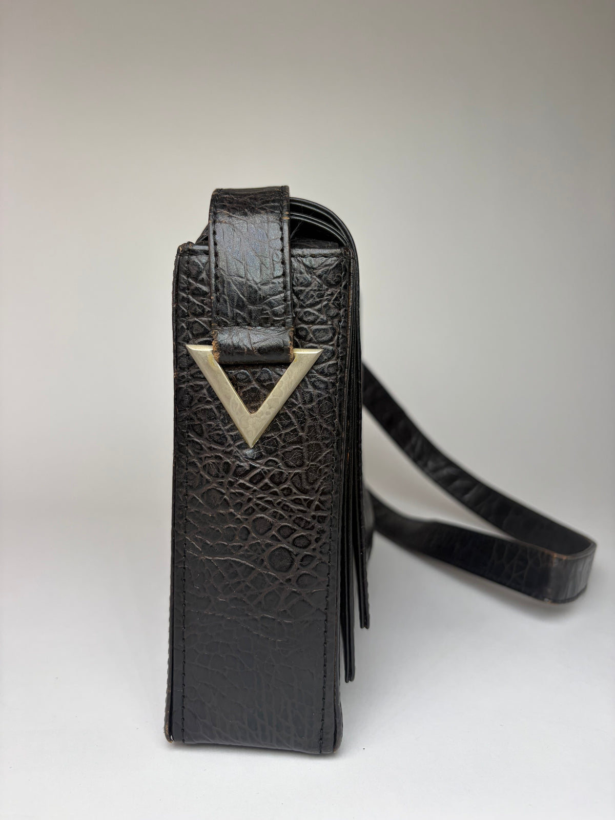 Vintage Versace Crocodile-Effect Flap Crossbody Bag Black Silver