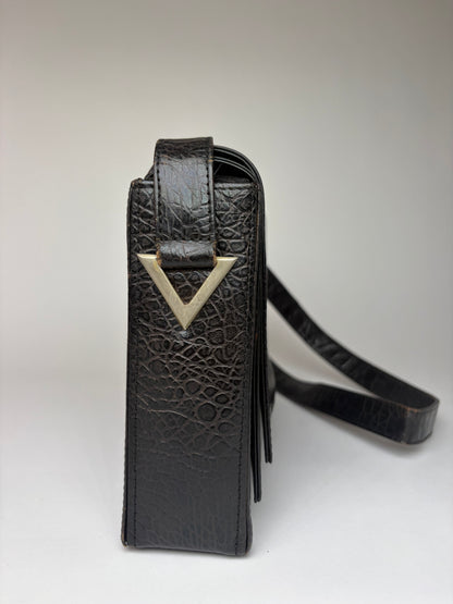 Vintage Versace Crocodile-Effect Flap Crossbody Bag Black Silver