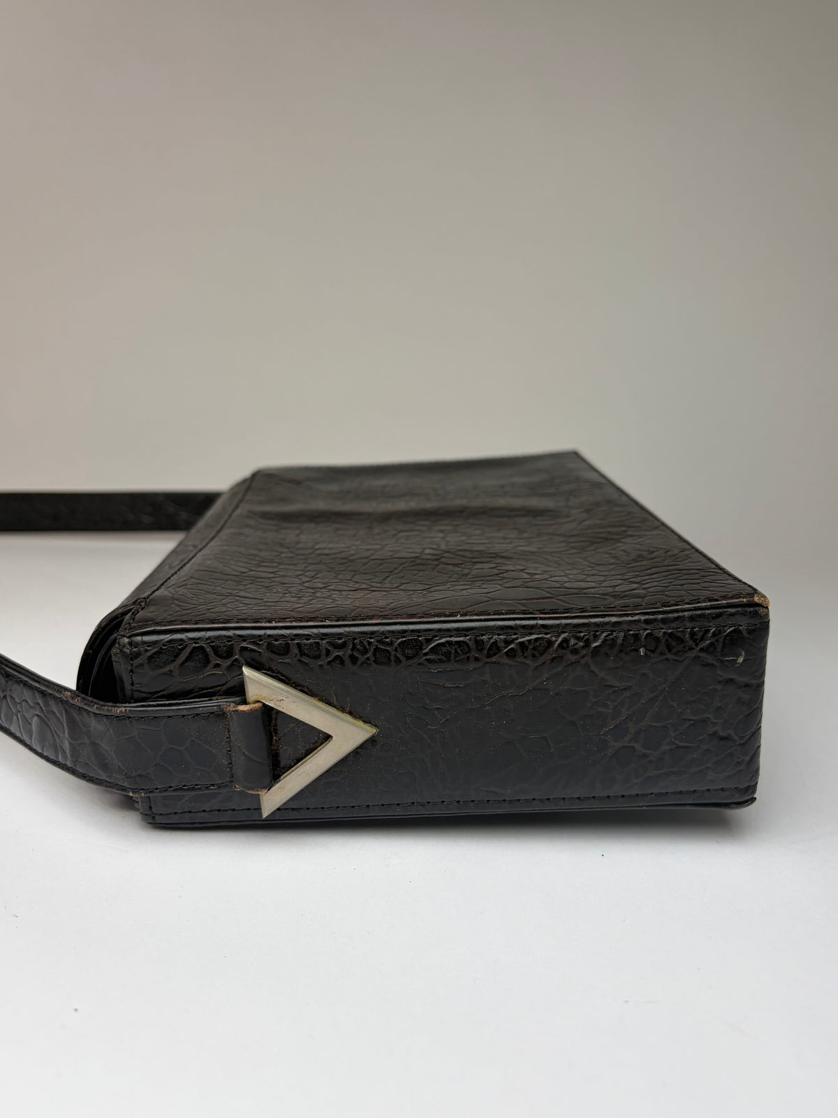 Vintage Versace Crocodile-Effect Flap Crossbody Bag Black Silver