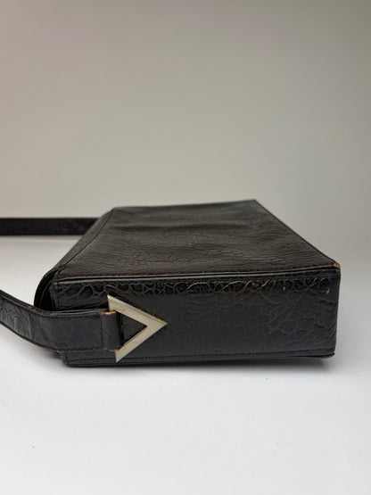 Vintage Versace Crocodile-Effect Flap Crossbody Bag Black Silver