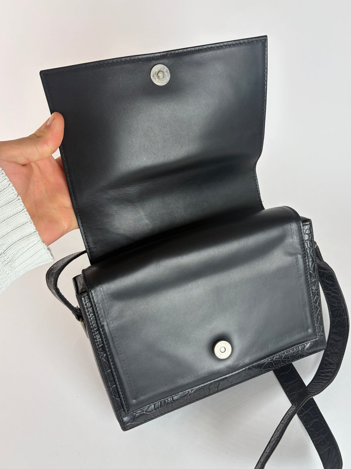 Vintage Versace Crocodile-Effect Flap Crossbody Bag Black Silver