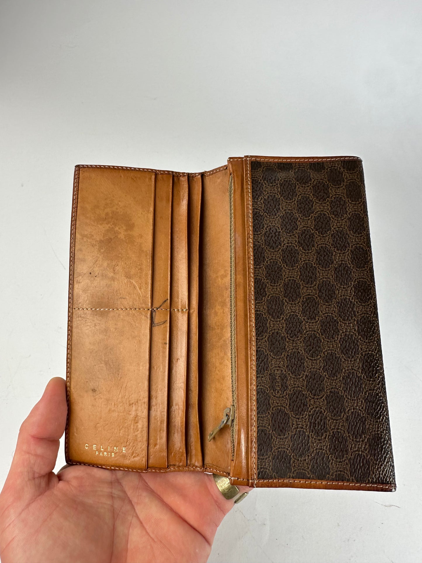 Vintage Celine Paris Triomphe Monogram Leather ID Holder Vrown