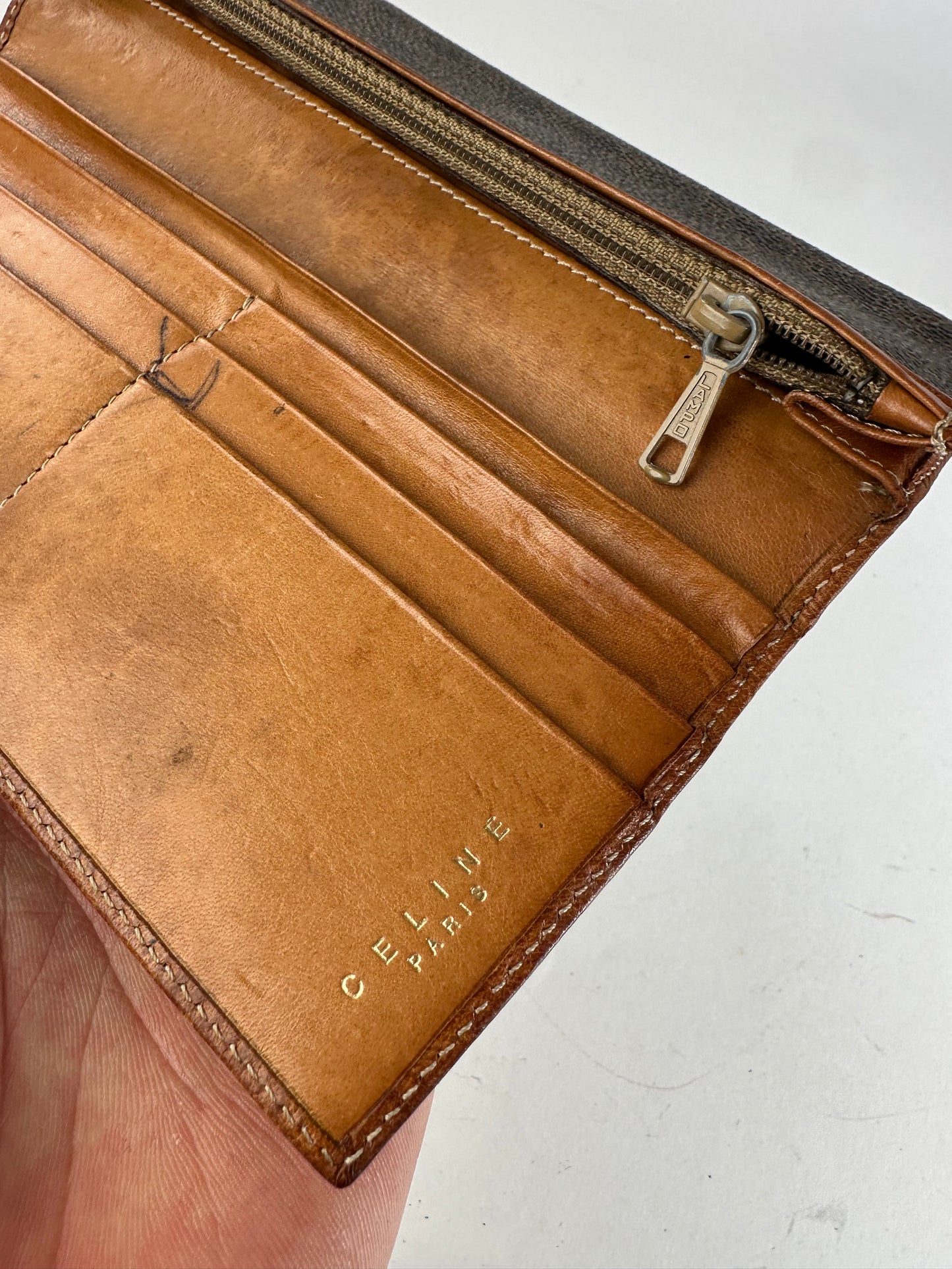 Vintage Celine Paris Triomphe Monogram Leather ID Holder Vrown