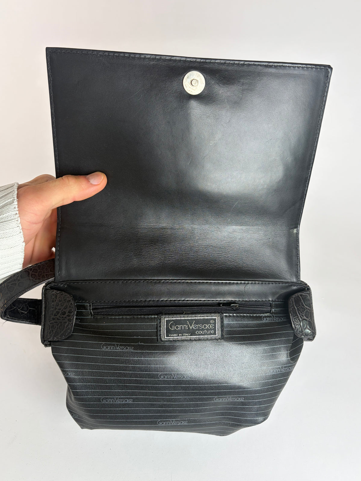 Vintage Versace Crocodile-Effect Flap Crossbody Bag Black Silver