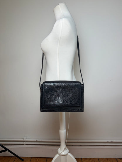 Vintage Versace Crocodile-Effect Flap Crossbody Bag Black Silver