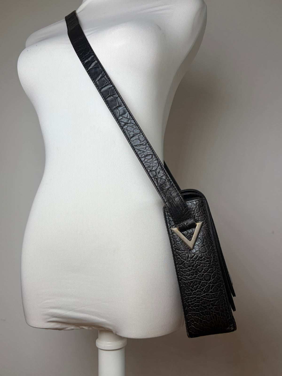 Vintage Versace Crocodile-Effect Flap Crossbody Bag Black Silver