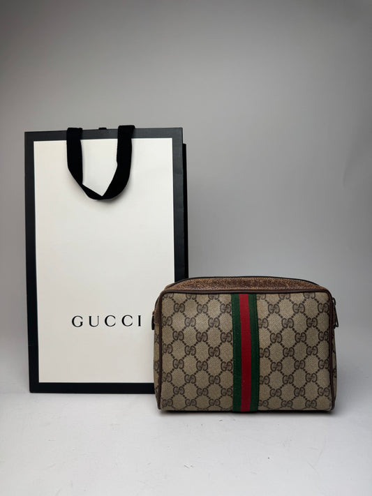 Vintage Gucci Ophidia Monogram Leather Clutch Grey Brown