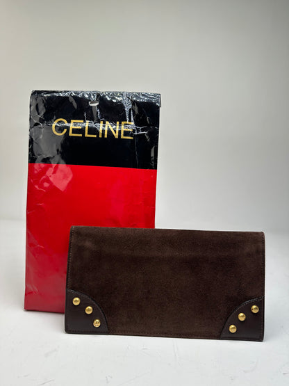 Vintage Celine Suede Wallet Brown Gold Studs